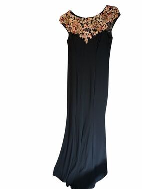 Xscape Black Evening Gown | Floral Sequin Embroidered Neckline | Size 8